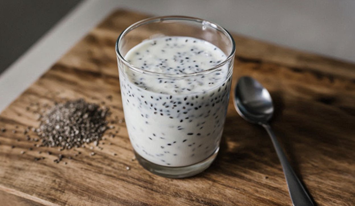 Vaso de pudin de chía con leche junto a semillas de chía y una cuchara